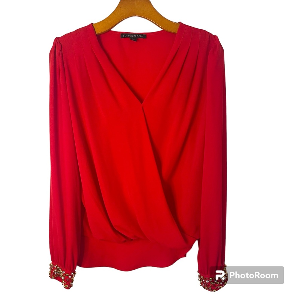 Boston Proper Red Women’s Rhinestone Long Sleeve Surplice Blouse Size Small